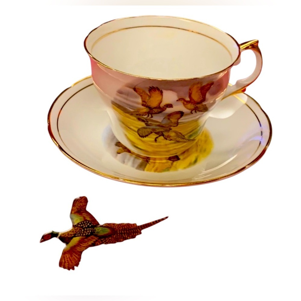 Regency, Cup & Saucer with Pheasant flying in orange evening sky. Bone China - Picture 3 of 8